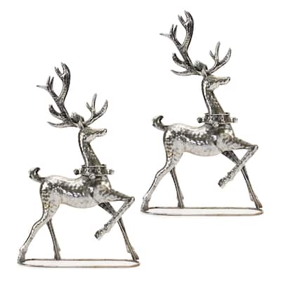 22” Set f 2 Silver Reindeer Decorations for Christmas Display Metal Holiday Statues for Fireplace or Table