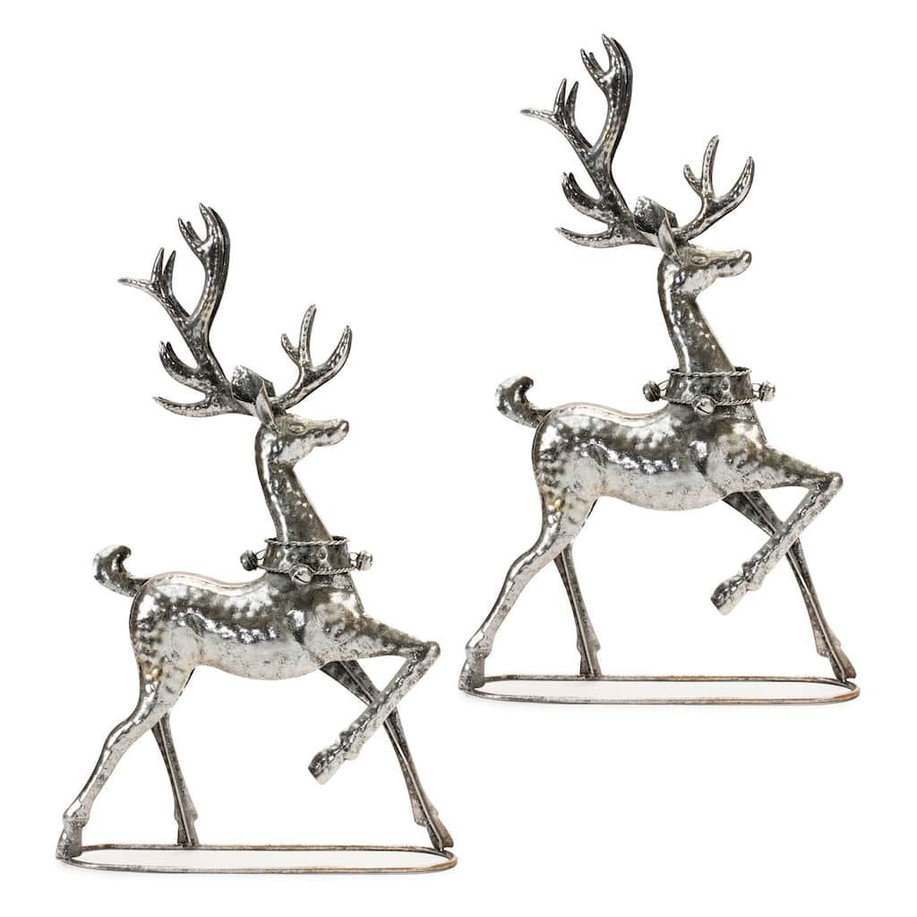 22” Set f 2 Silver Reindeer Decorations for Christmas Display Metal Holiday Statues for Fireplace or Table