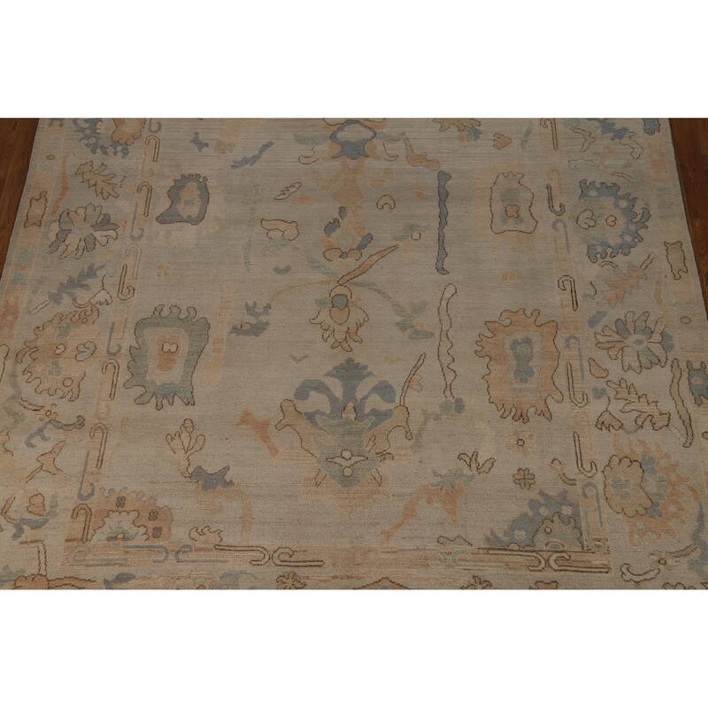 Transitional Beige Oushak Turkish Area Rug Hand-Knotted Wool Carpet - 7'11"x 9'11"