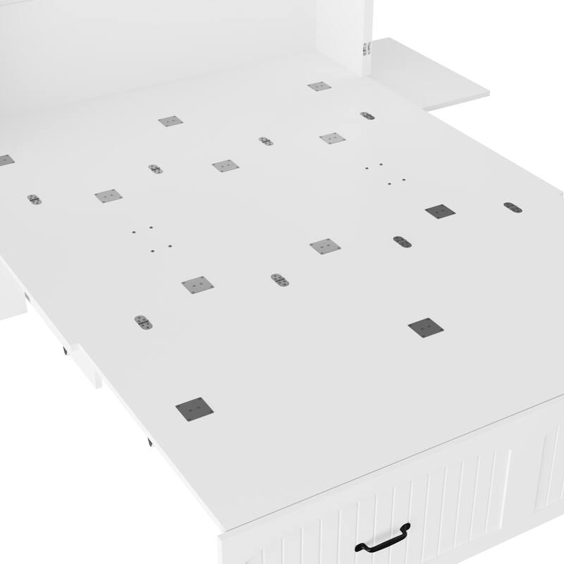 Queen Size White Storage Bed Frame with Headboard Storage, Built-In Cabinets, Drawers & Side Shelf