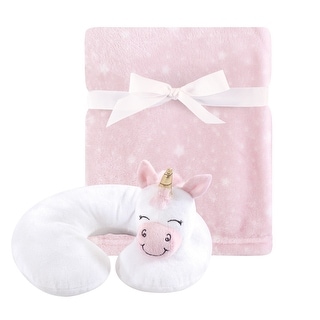 Hudson Baby Infant Girl Neck Pillow and Plush Blanket Set, Pink Unicorn, One Size - Pink Unicorn - One Size