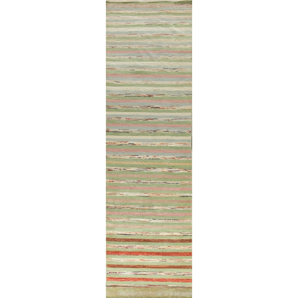 Green Striped Gabbeh Kashkoli Oriental Wool Runner Rug Hand-knotted - 2'8" x 17'9"