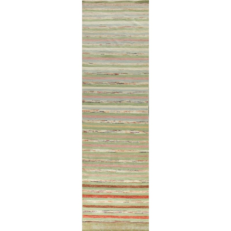 Green Striped Gabbeh Kashkoli Oriental Wool Runner Rug Hand-knotted - 2'8" x 17'9"