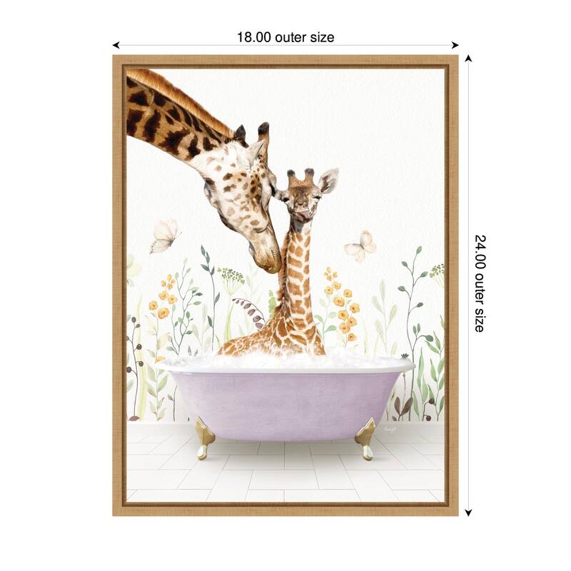 Kate and Laurel Sylvie Mother and Baby Giraffe in Spring Bathtub Framed Canvas by Amy Peterson