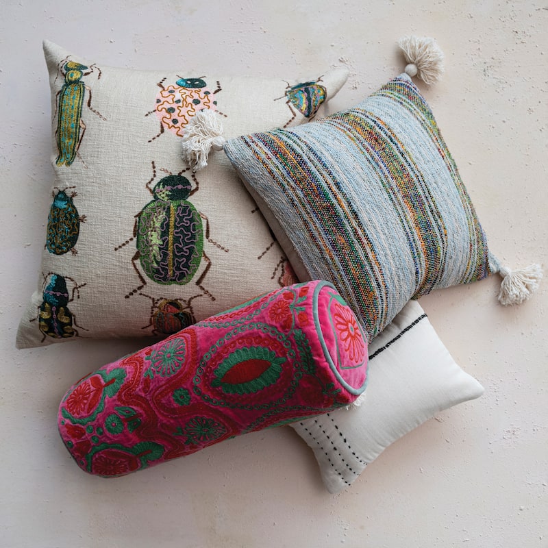 Cotton Lumbar Pillow with Embroidery