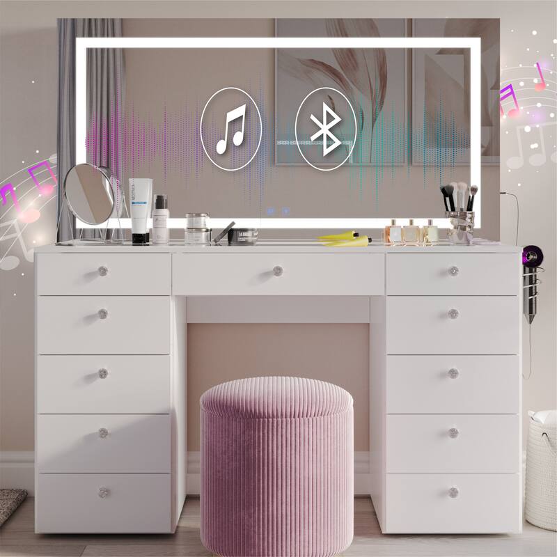 Boahaus Smart Extra-Large Vanity with LED Mirror & Bluetooth Speakers - White