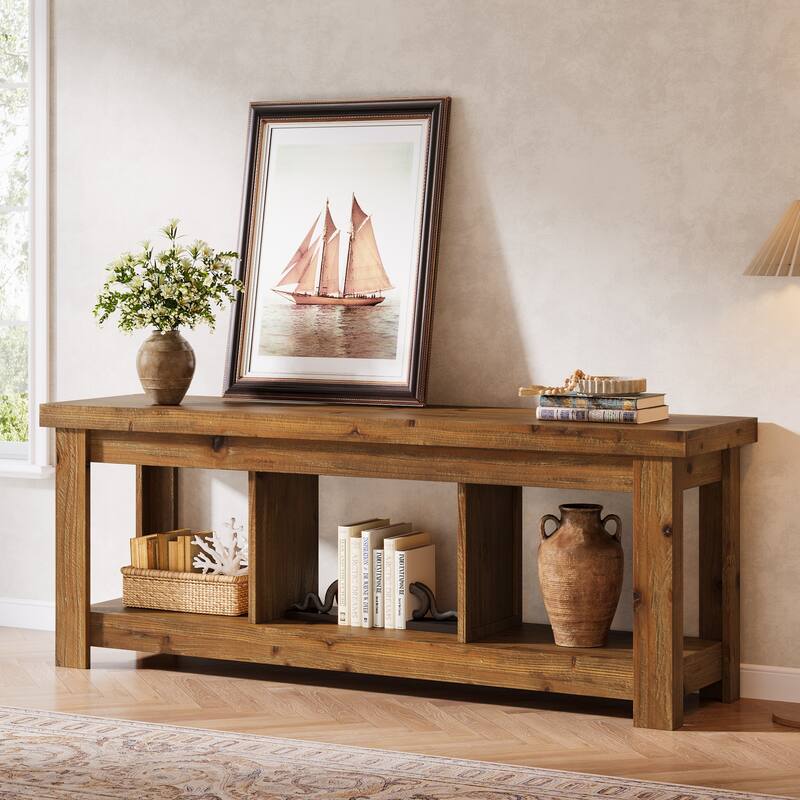 63" Solid Wood TV Stand for 75/65/60/55-Inch TVs, Farmhouse Entertainment Center with 3 Shelves, Rustic Brown