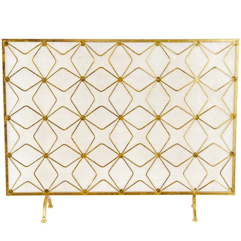 Gold Metal Star Patterned Single Panel Geometric Fireplace Screen with Mesh Netting
