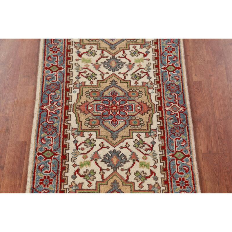Ivory Heriz Serapi Indian Runner Rug Hand-Knotted Wool Carpet - 2'5"x 8'0"