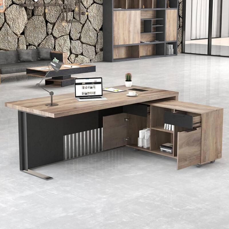 WESOME L-shaped Executive Office Desk with 2 Drawers 4 Wheels File Cabinets Cable Management