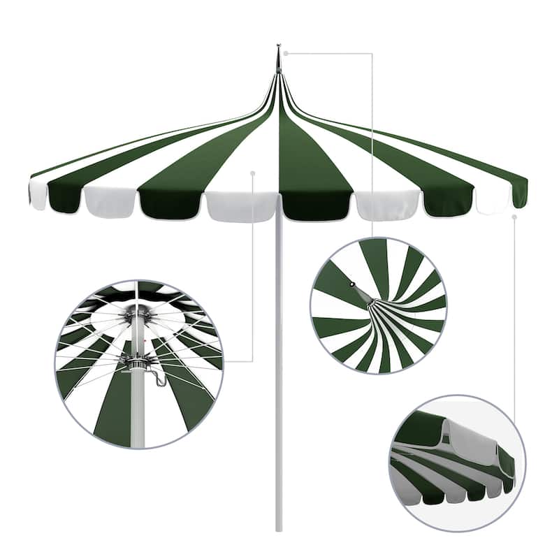California Umbrella 8.5' Pagoda Series Patio Umbrella White Aluminum Pole Push Lift Sunbrella Natural and Pacific Blue