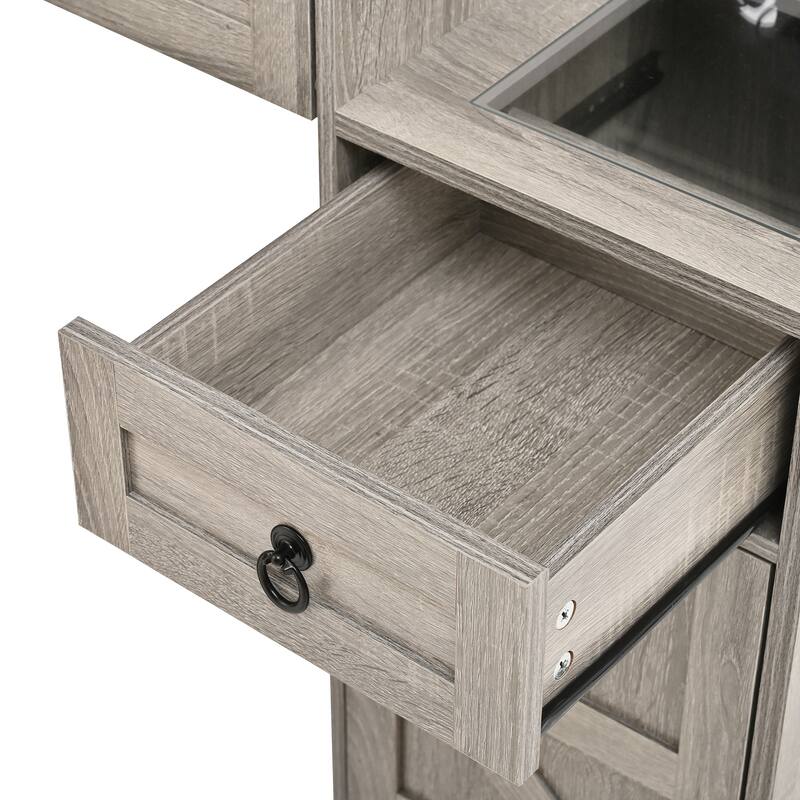 2-Piece Bedroom Makeup Vanity Set with Stool, Farmhouse Glass Top Vanity Desk with Sliding Mirror, Lights and Charging Station