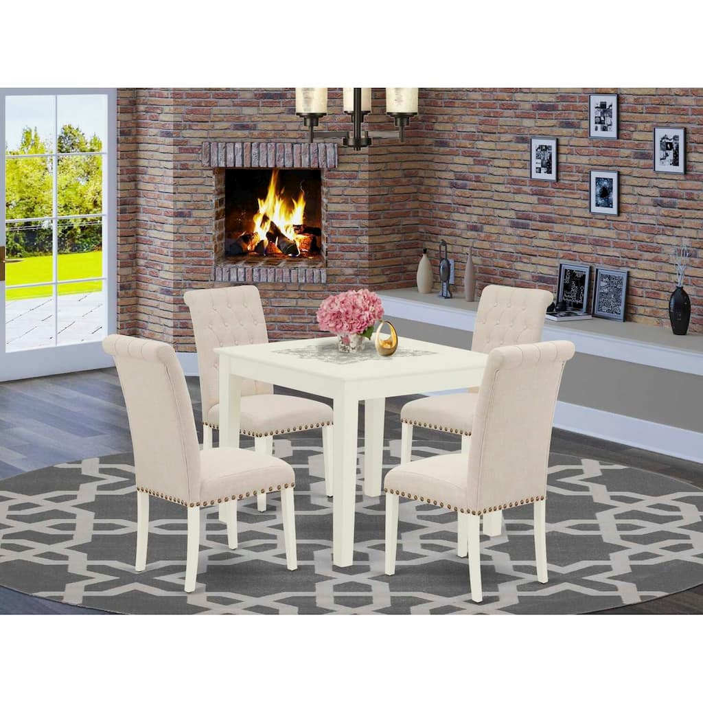 HomeStock 5-Pc Linen White Finish Solid Wood Top - Square Dining Room Set - Seats 4