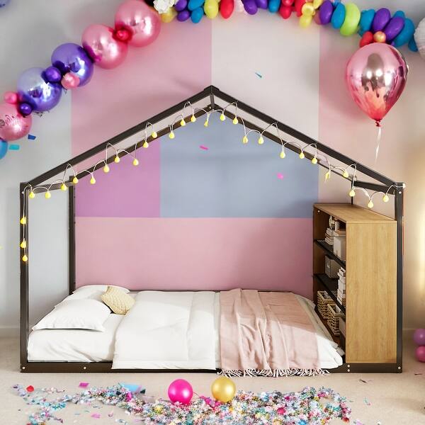 slide 2 of 27, Full Size House Bed with Roof and LED Lights,Kids Bed Design Black