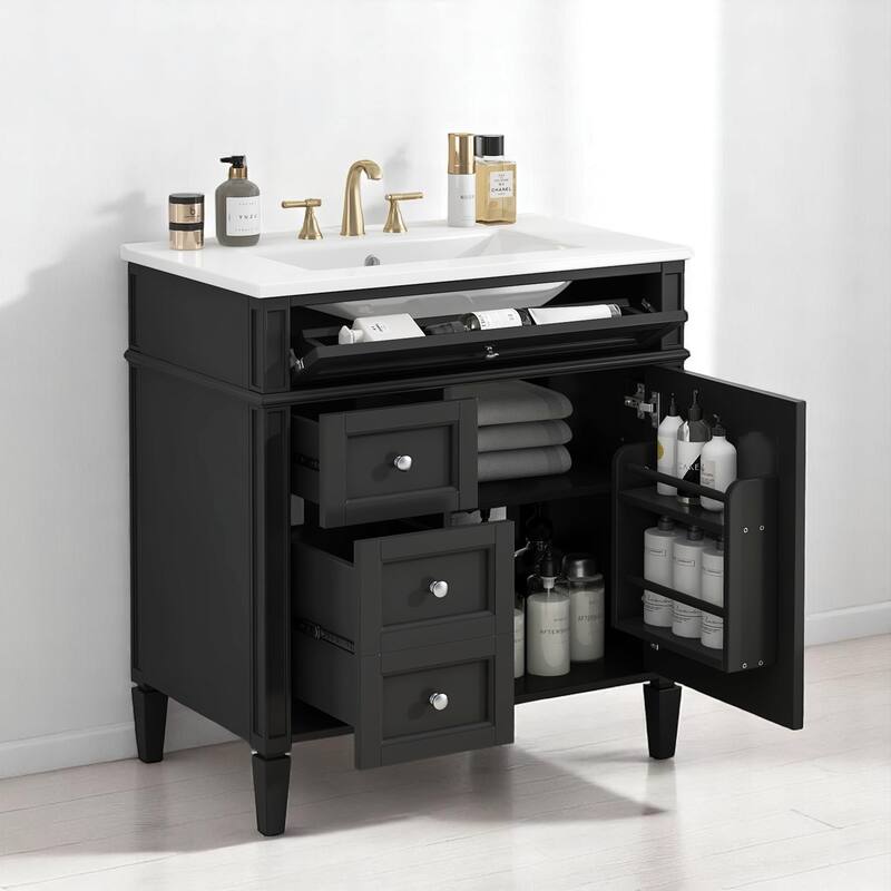 Modern 30 Inch Bathroom Vanity with Top Sink, Soft-Close Doors, Hidden Storage, and Drawer Organizer