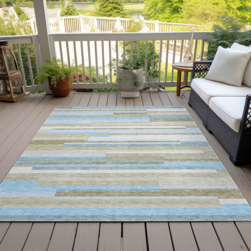 Machine Washable Indoor/ Outdoor Chantille Contempory Stripes Rug - Sky - 9' x 12'