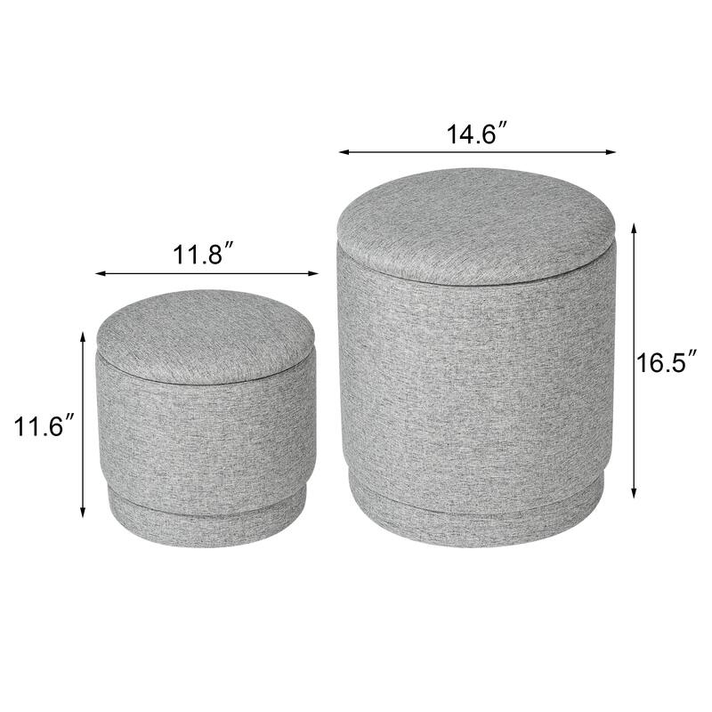 Adeco 2-Piece Round Fabric Storage Ottoman Set with Removable Lids
