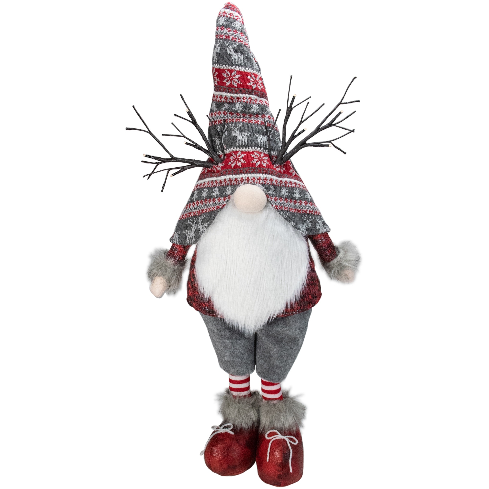 30" Red and Gray Nordic Hat Standing Christmas Gnome with LED Antlers