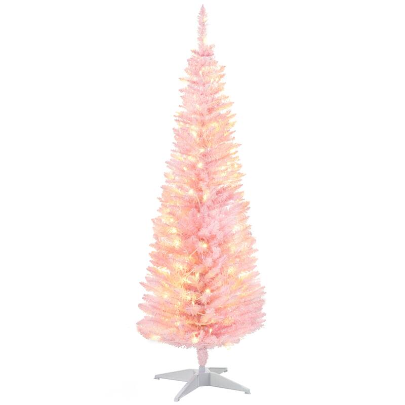 5' Tall Pre-Lit Slim Noble Fir Artificial Christmas Tree with 110 Warm White LED Lights and 294 Tips - Pink