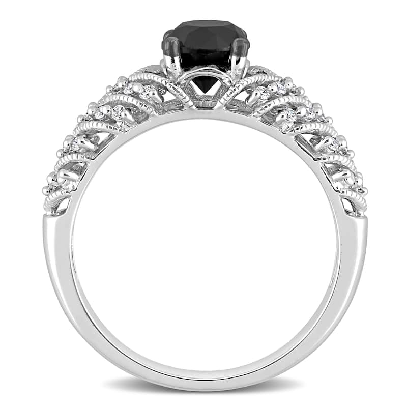 Miadora 4/5ct TDW Round-cut Black and White Diamond Vintage Chevron Engagement Ring 14k White Gold