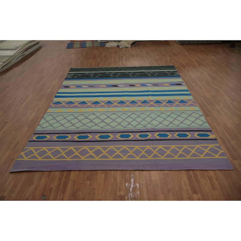Hand Woven Oriental 100% Wool Carpet Southwestern Modern Green Kilim Area Rug - 12' 1'' X 9' 2''