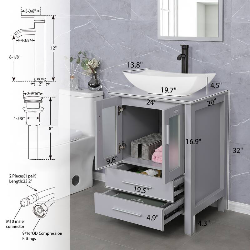 Eclife 24" Bathroom Vanity Gray Set Glass/ Ceramic Vessel Sink Cabinet Faucet Drain Combo Free Standing