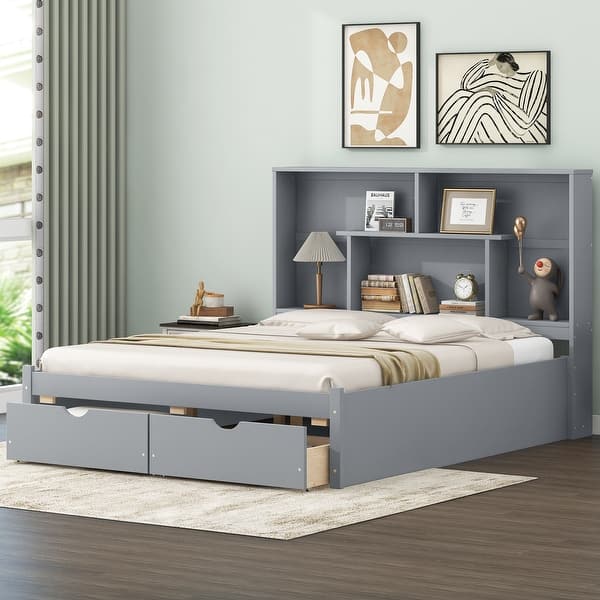 slide 2 of 12, Queen Size Solid Pine Wood Platform Kids Bed Frame with Built-In Storage Shelves of the Headboard and 2-Drawers, Grey Grey