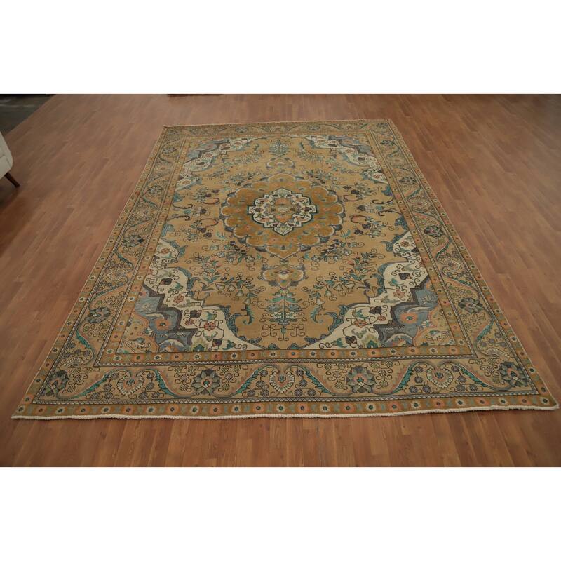 Hand Knotted Oriental 100% Wool Carpet Traditional Floral Brown Tabriz Area Rug - 12' 11'' X 9' 2''