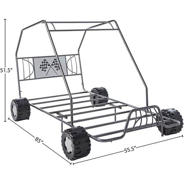 dimension image slide 0 of 2, Twin Size Car Model Bed with Four Wheels, Supported by an Iron Frame