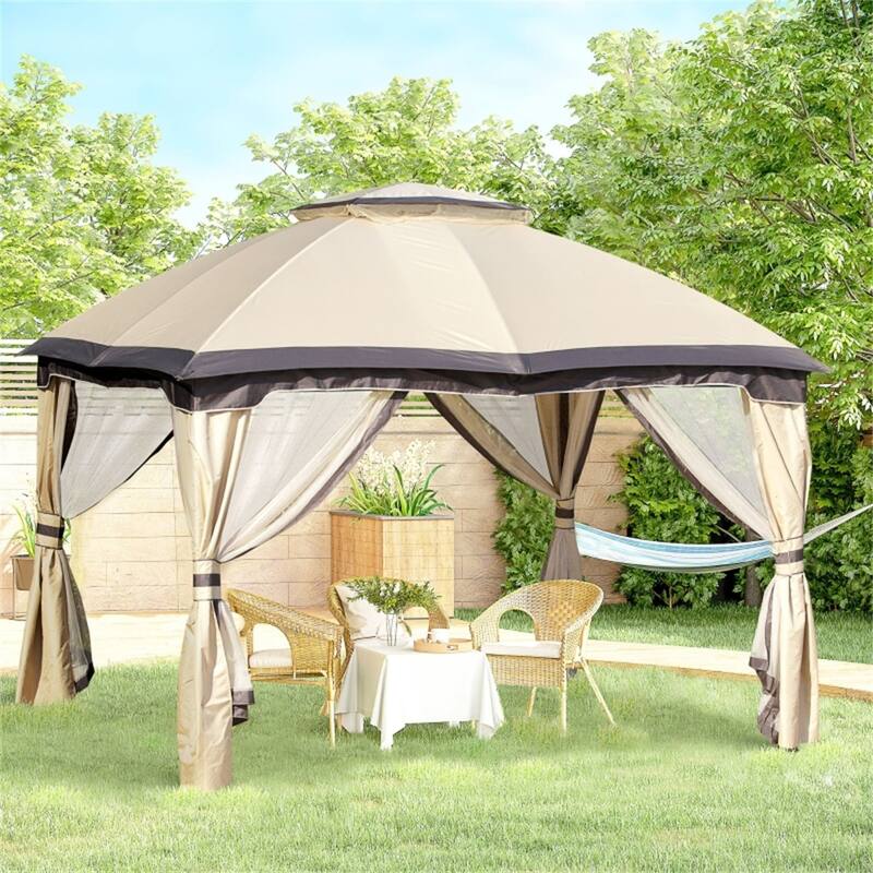 Beige-Black-Dark Coffee Steel Polyester Outdoor Gazebo with Netting and Hook - 12' L x 9.8' W x 9.8' H