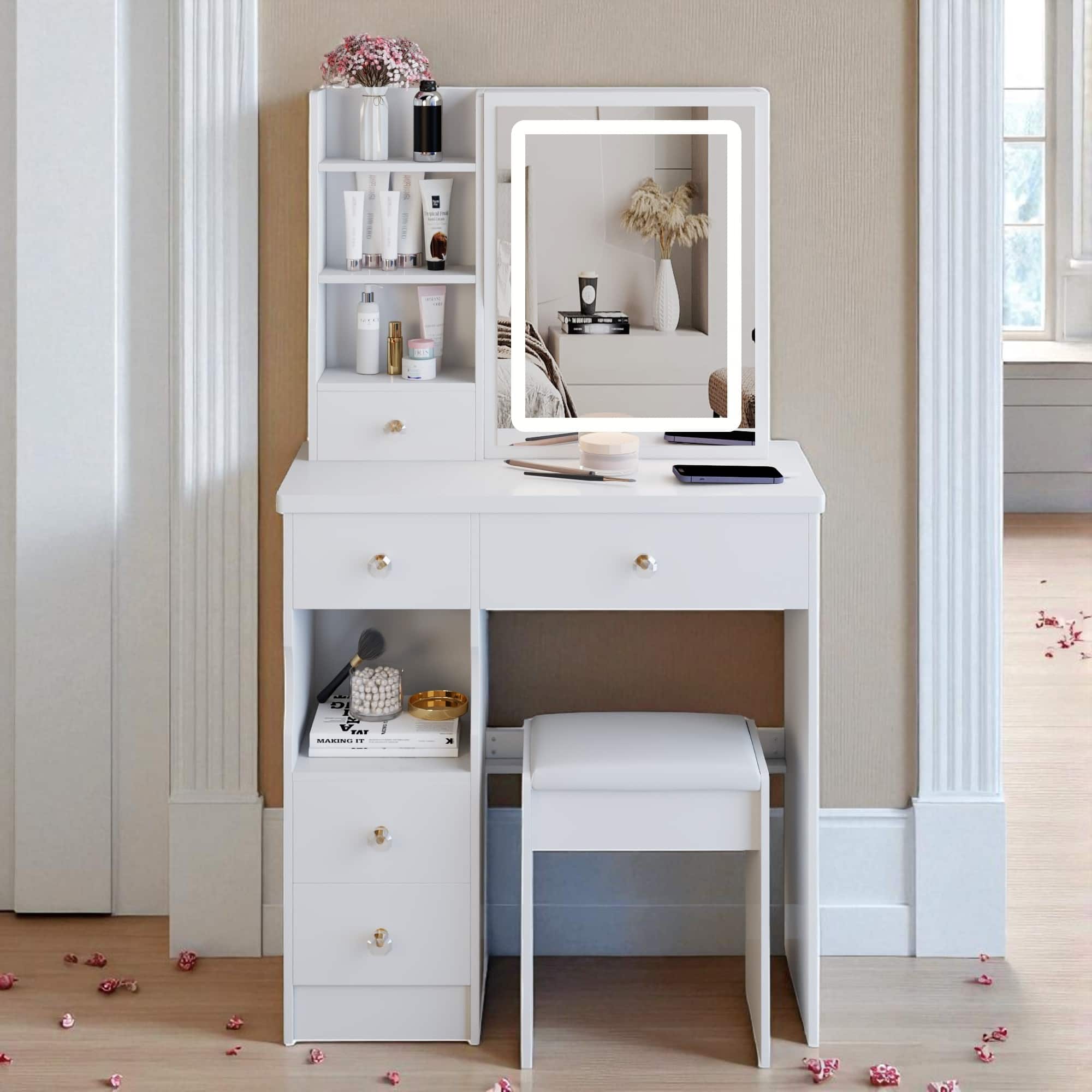 white dressing table with mirror and stool Vanity Set and Lights, with Power Outlet,Dressing with Vanity Benches,for Girls Women with Storage Stool,for Bedroom with Chair (White) : Home & Kitchen And it will make your drawer more tidy and clean.Exquisite Polished Corners and Delicate Carving Rotation White Mirror Dressing Vanity