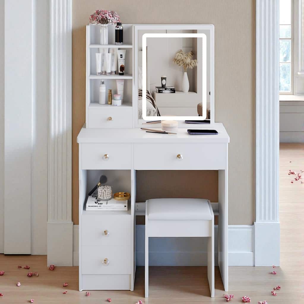 Small Vanity Desk with LED Mirror and Stool, 29.2" Dressing Table with Drawer and Adjustable Lighting