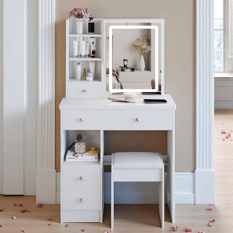 Small Vanity Desk with LED Mirror and Stool, 29.2" Dressing Table with Drawer and Adjustable Lighting - White