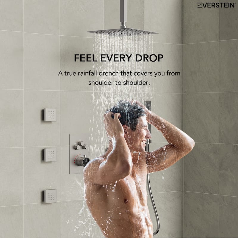 Shower System 12" Ceiling Rain Shower Head with 3-Way Thermostatic Faucet & Body Jets