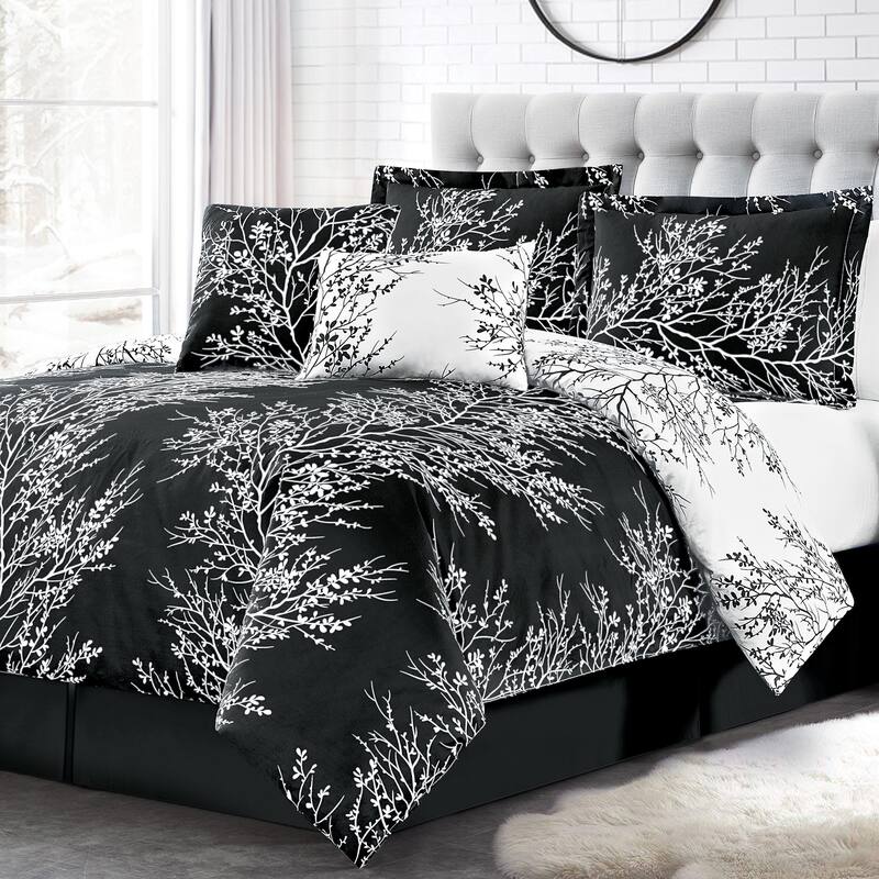 Elegant 6-Piece Reversible Foliage Comforter Set - Black - King