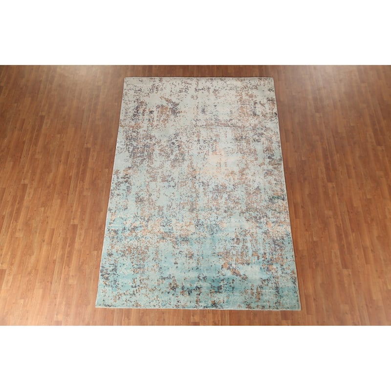 Green Abstract Area Rug Handmade Oriental Wool Carpet - 6'7" x 9'10"