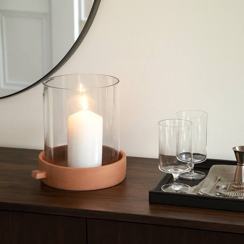 Modern Glass Hurricane Candle Holder with Terracotta Base - 10" - Brown - 10.0"
