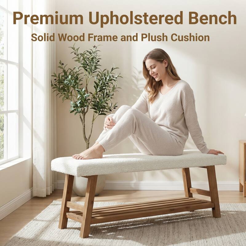 55 Inch Upholstered Entryway Bench with Cushion, Solid Wood Shoe Rack Bench with Shelf for Bedroom, Kitchen, Dining Room