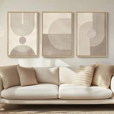 3 Piece Mid Century Beige Painting Prints, Brown Modern Geometric