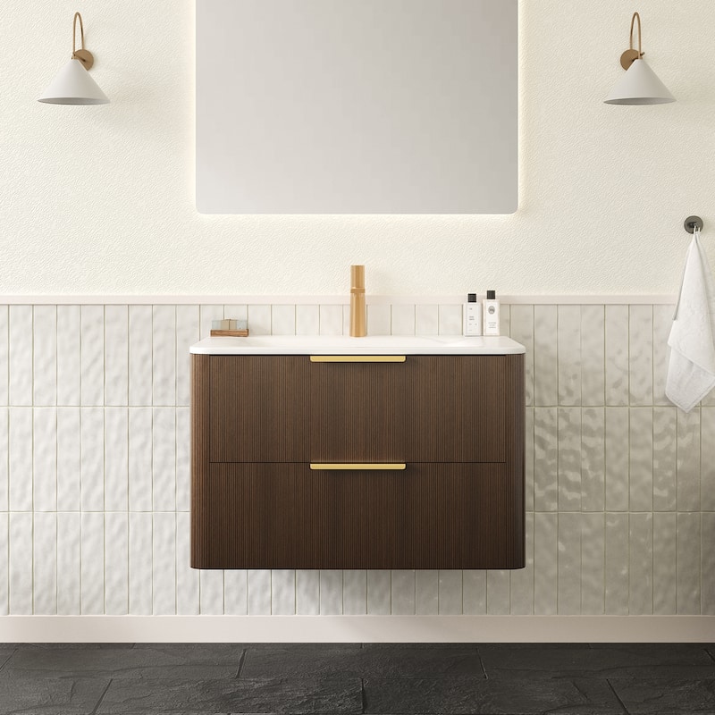 30"/36" Wall-Mounted Bathroom Vanity with Sink, Floating Vanity Base with Sintered Stone Hot-bent Integrated Basin - Carrara White,Walnut - 30 Inch