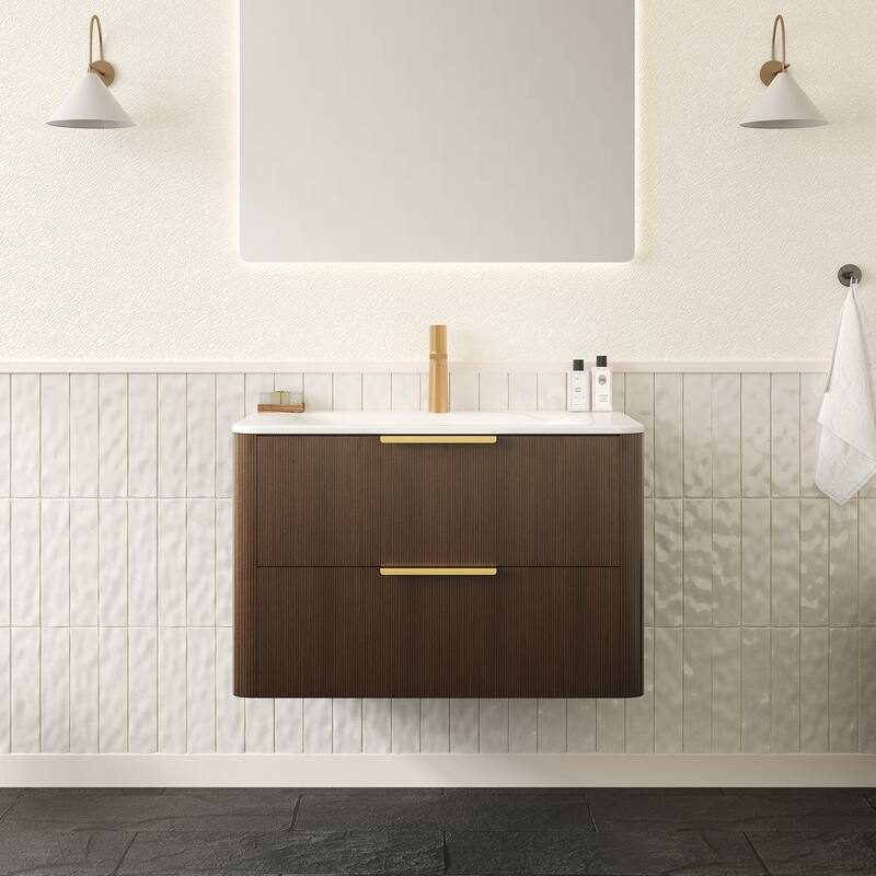 GDF Studio - Zane Bathroom Vanity with Ultra-Pinstriped Drawer Fronts & Carrara White Sintered Stone Basin, WITHOUT Faucet - Walnut - 30"