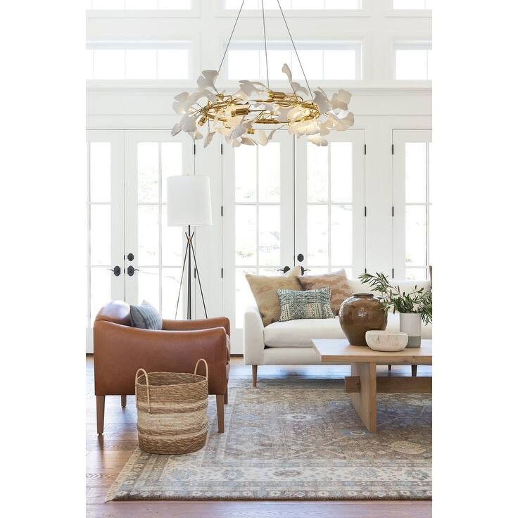 10 Light Round Brass Frame Chandelier with White Acrylic Leaf Accents