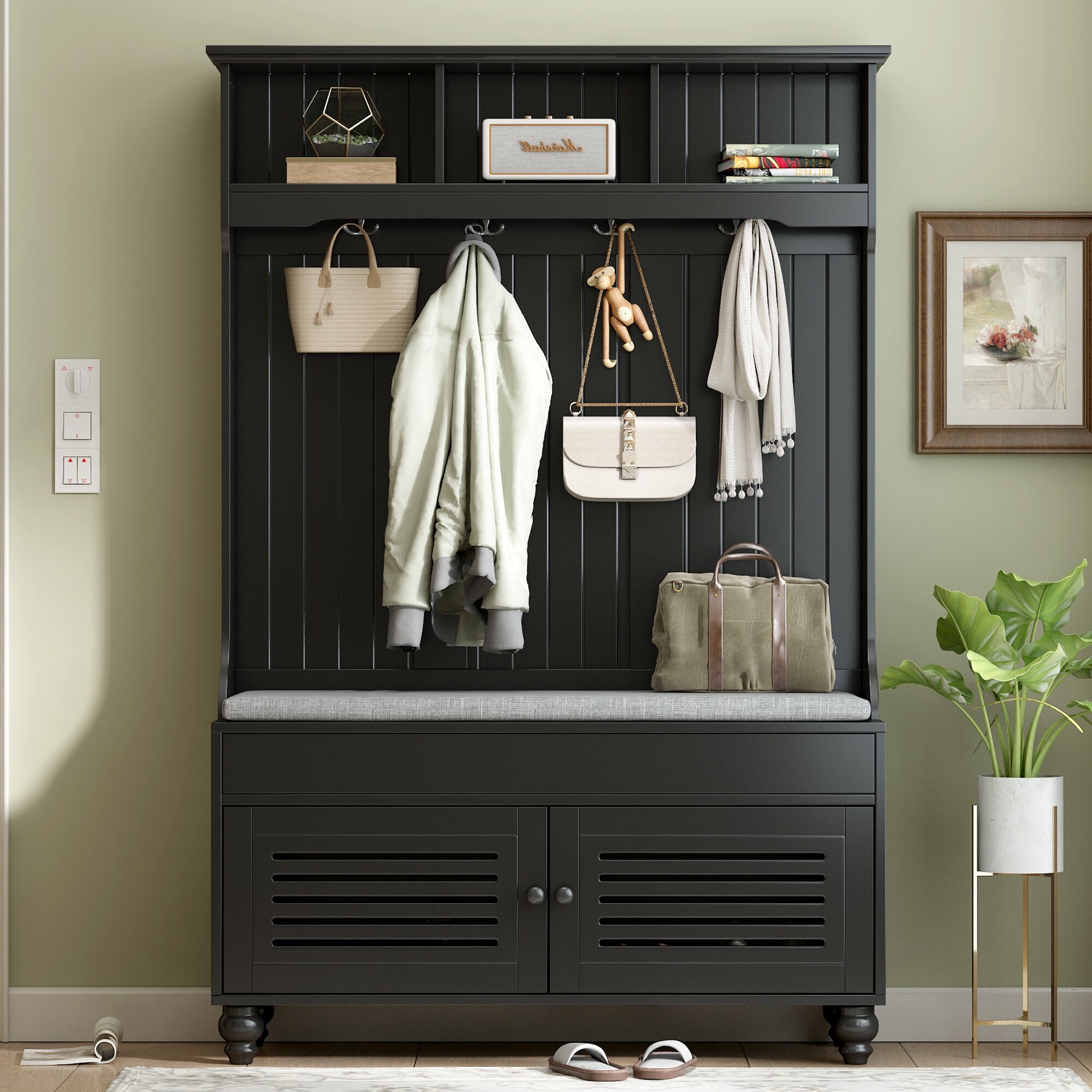 Black Hall Tree with Coat Rack and Storage Bench 5 in 1 Coat Hanger with Entryway Bench Freestanding Organizer for Entryway Bed Bath Beyond 39845760