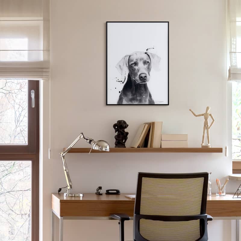 "Weimaraner" Black and White Pet Paintings on Printed Glass Encased with a Black Anodized Frame