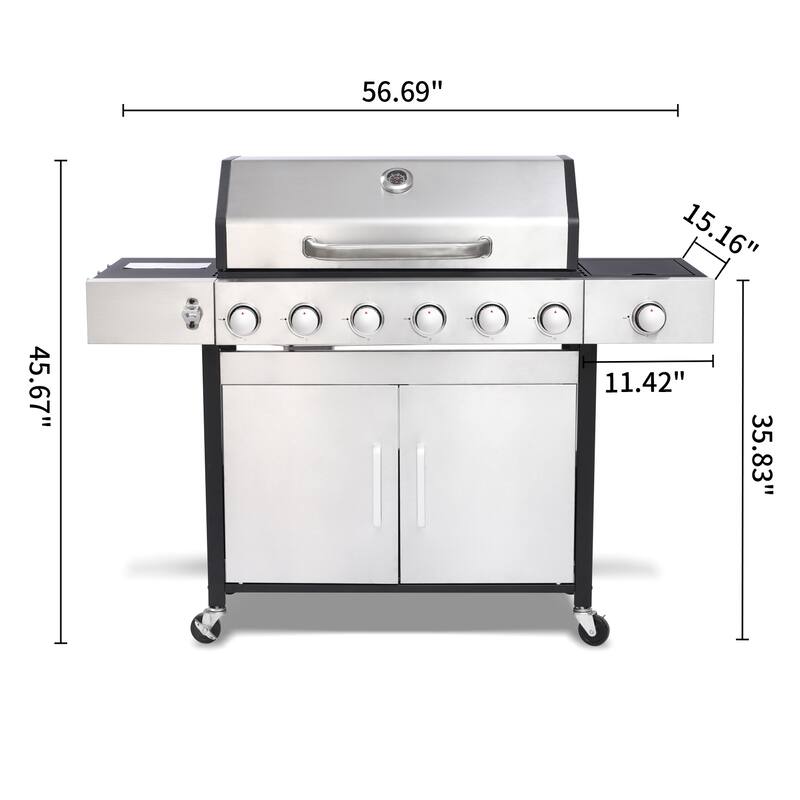 6-Burner Propane Gas Grill with Side Burner & Caster, Outdoor BBQ Grill Stainless with Steel Control Panel for Picnic