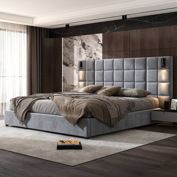 Svens Modern Upholstered Velvet Platform Bedframe & Headboard with Lamps and USB Ports, Grey
