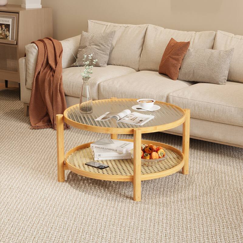 Rattan Coffee Table, 2-Tier Bamboo Coffee Table with Glass Top,Modern Round Coffee Table