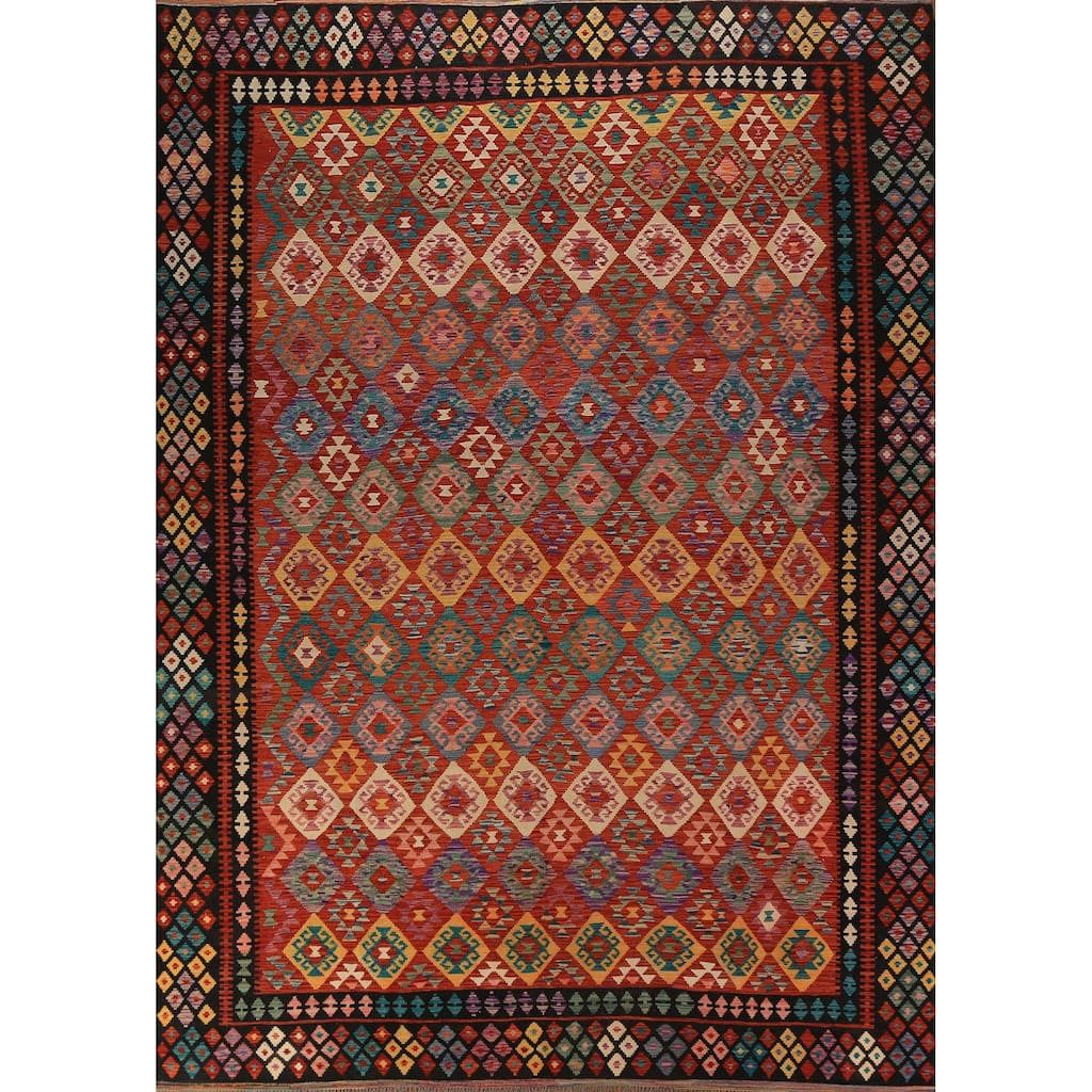 Reversable Kilim Oriental Area Rug Hand-Woven Orange Wool Carpet - 9'11"x 13'0"