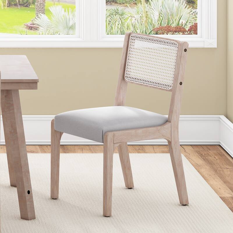 Wood Dining Chairs Set of 2, Accent Chairs with Solid Wood Legs and Padded Seat, Modern Linen Dining Chairs Side Chairs - Beige+Wood