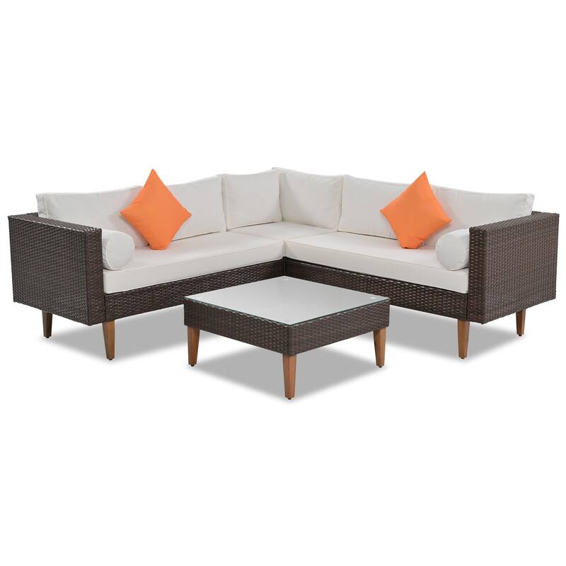 4 Piece Outdoor Furniture Set, All Weather Conversation Set, L-Shape Wicker Sofa Set with Pillows and Coffee Table